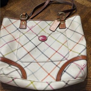 Coach Cream and Brown Plaid Shoulder Bag